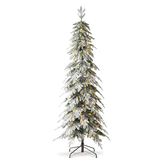7.5ft. Pre-Lit Flocked Pencil Spruce Artificial Christmas Tree, Warm White LED Lights